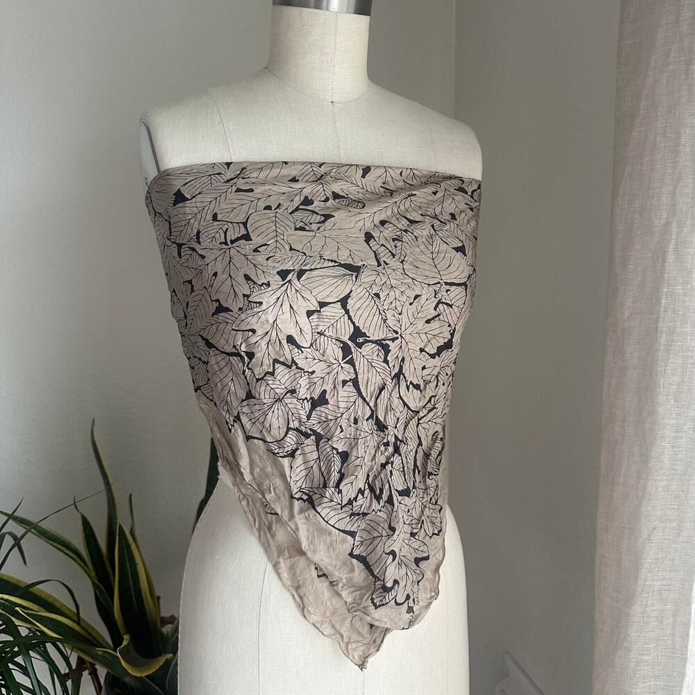Foliage Symphony Scarf Beige Black Silk Leaf Print Nature Top Neutral Boho